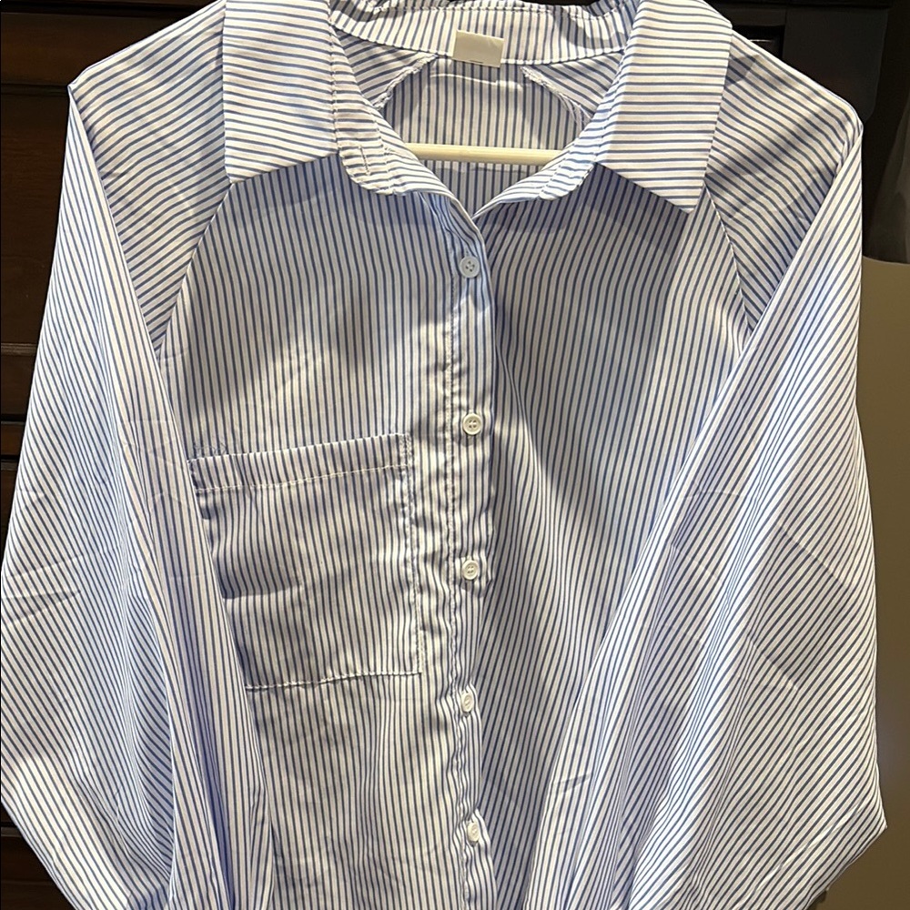 Blue and White Striped Button-Up Casual Shirt Elastic Cuffs w/Pockets